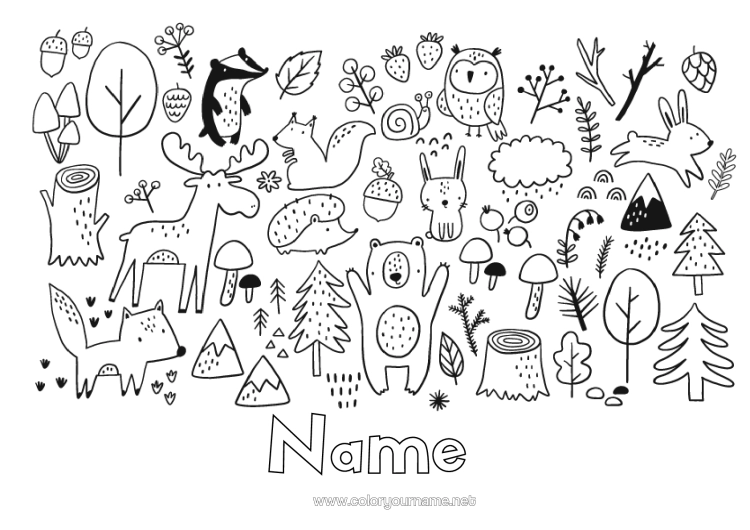 Colouring page to print Bear Owl, Tawny Owl Rabbit Animal Birds And Flying Mammals Forest Animals Forest Deer Raccoon Tree Stump