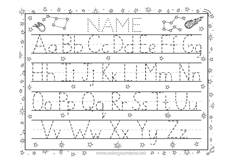 Colouring page to print Children's Activities Connecting Points Alphabet Planets And Solar System Stars Astronomy Letter Of The Alphabet