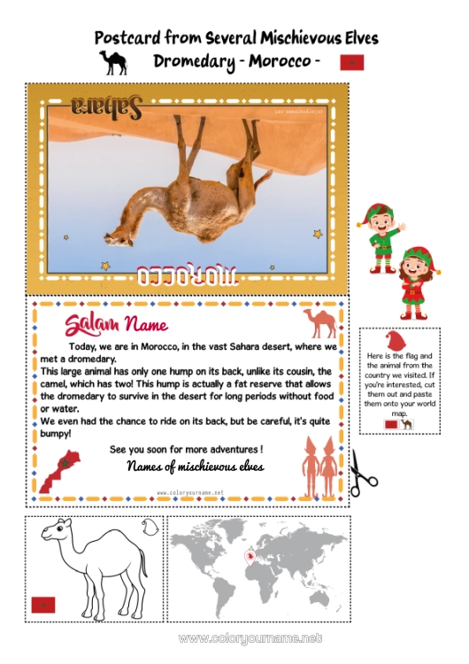 Colouring page to print Animal Wild Animals Of Africa Mischievous Elf's Journey Postcard Camel, Dromedary Postcard Of Multiple Elves Morocco Several Mischievous Elves.