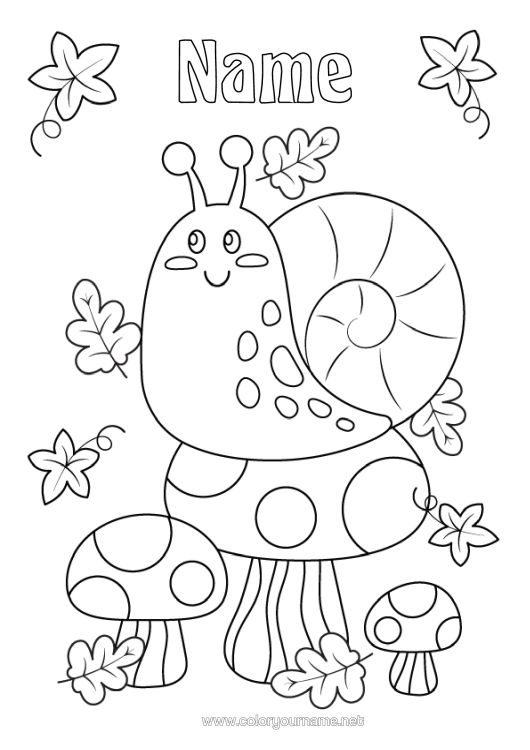 Colouring page to print Autumn Animal Leaves Mushroom Snail