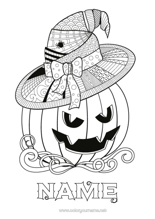 Colouring page to print Pumpkin Jack O'lantern Hat Zentangle Wizard's Hat