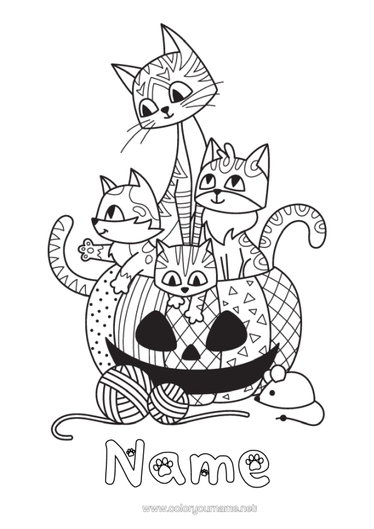 Colouring page to print Pumpkin Cat Halloween Mouse Jack O'lantern Animal Zentangle Dogs And Cats Forest Animals Balls Of Wool