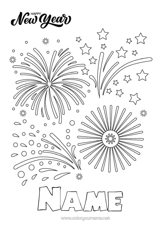 Colouring page to print Happy New Year Firework "Happy New Year"
