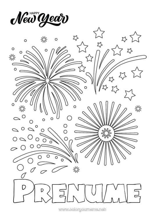 Pagină de colorat de imprimat La mulți ani! Foc de artificii Mesaj 