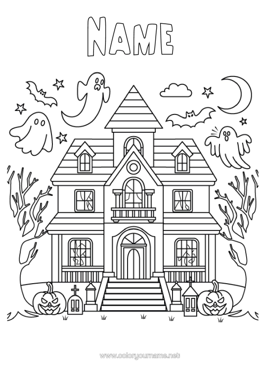 Colouring page to print Ghost Halloween Cute Haunted Manor