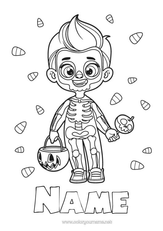 Colouring page to print Sweets Disguise Skeleton Trick Or Treat? Halloween Boy Child