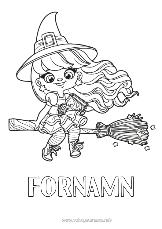 Färgläggningssida att skriva ut Broom Häxa Halloween