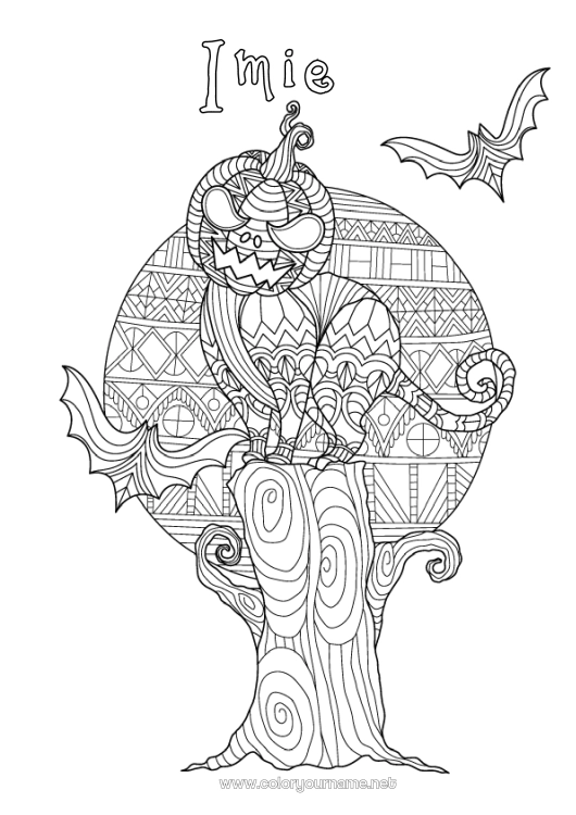 Kolorowanka do wydruku Nietoperz Dynia Czarny kot Jack O'Lantern Zentangle Ptaki i latające ssaki