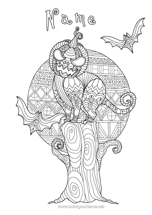Colouring page to print Bat Pumpkin Black Cat Jack O'lantern Zentangle Birds And Flying Mammals