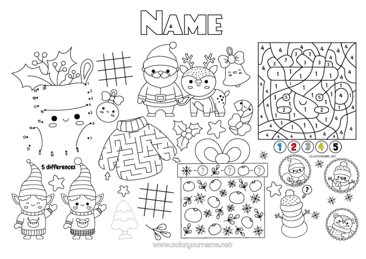 Colouring page to print Gifts Father Christmas Christmas Figure Magic Colouring Books Children's Activities Connecting Points Treats, Sweets Maze Marshmallows Printable Placemat Connect The Numbers