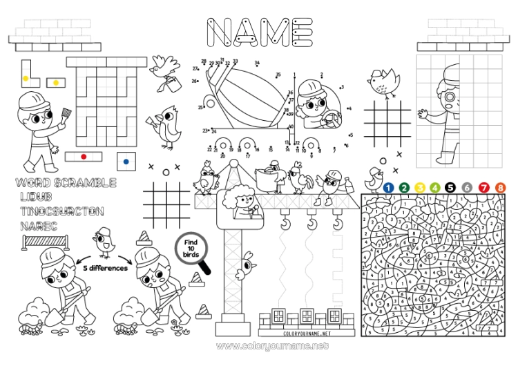 Colouring page to print Vehicles Children's Activities Construction Equipment Search And Find Trace And Colour. Lorry-Mounted Crane Concrete Mixer Truck Trucks And Commercial Vehicles Construction Trades Symmetry Tipper Truck Printable Placemat Site, Construction Crane