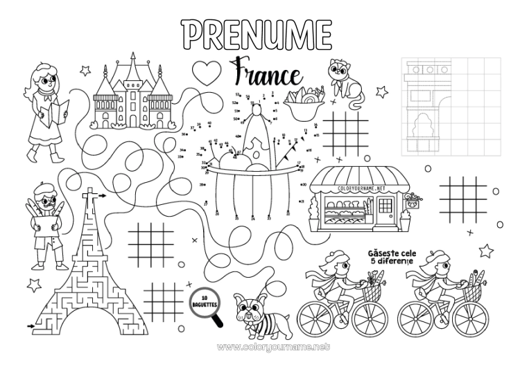 Pagină de colorat de imprimat Desene magice de colorat Activități pentru copii Puncte de conectat Franța Turnul Eiffel Arcul de Triumf Paris Labirint Monument Set de masă de imprimat Numere de Conectat
