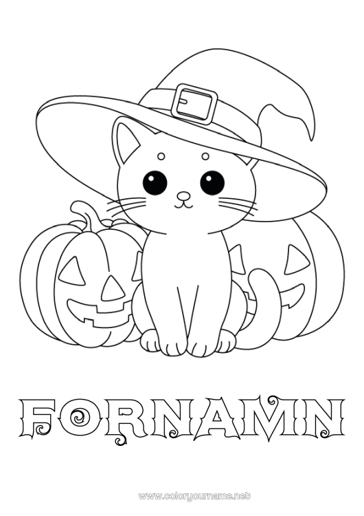 Färgläggningssida att skriva ut Pumpa Söt Katt Söt Jack O'Lantern Hatt Hundar och katter