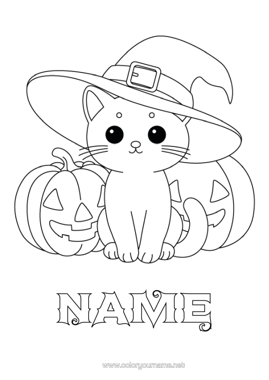 Colouring page to print Pumpkin Cute Cat Cute Jack O'lantern Hat Dogs And Cats Wizard's Hat