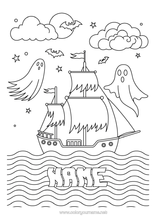 Colouring page to print Bat Ghost Halloween Vehicles Boat Birds And Flying Mammals Marine Vehicles