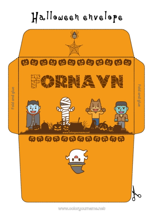 Farvelægningssiden til udskrivning Vampyr Spøgelse Monster Mumie Ulv Halloween Kawaii Kuvert Skovens dyr Frankenstein Trykt kuvert Vampyrulv