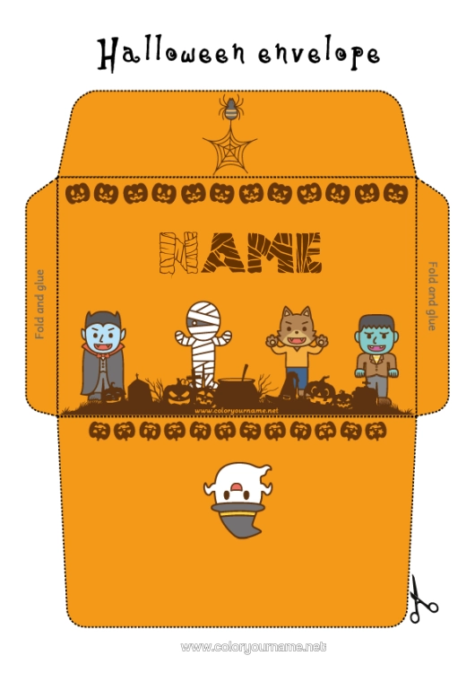 Colouring page to print Vampire Ghost Monster Mummy Wolf Halloween Cute Autumn Envelope Forest Animals Frankenstein Print Envelope Werewolf