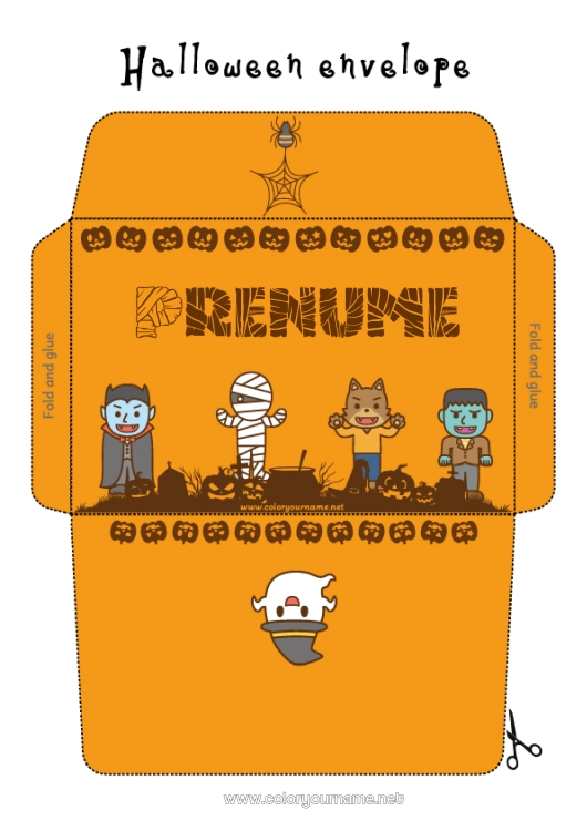 Pagină de colorat de imprimat Vampir Fantomă Monstru Mumie Lup Halloween Drăguț Plic Animale din pădure Frankenstein Plic de imprimat Lupul de mare