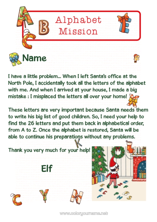 Colouring page to print Christmas Elves Christmas Elf's Mission Alphabet Letter Of The Alphabet