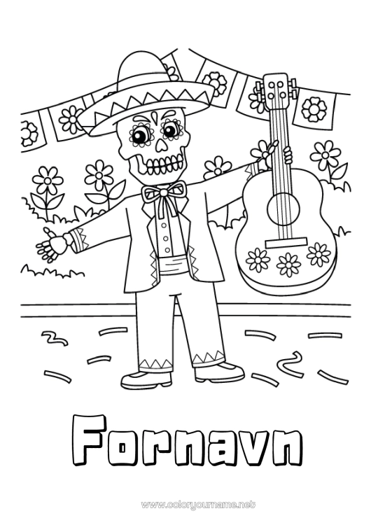 Fargeleggingssiden til utskrift Skjelett De dødes dag Musikk Mexico Musikkens dag Gitar Musikkinstrumenter