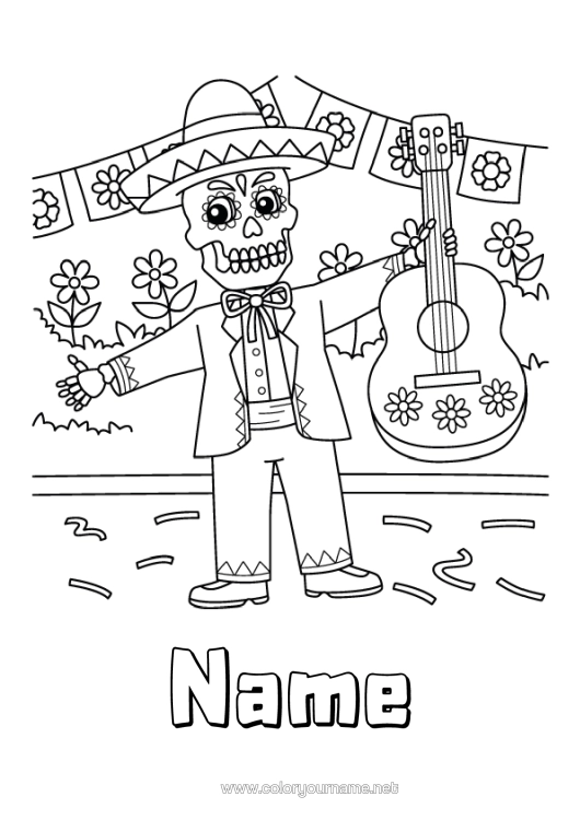 Colouring page to print Skeleton Day Of The Dead Music Mexico Music Day Guitar Musical Instruments