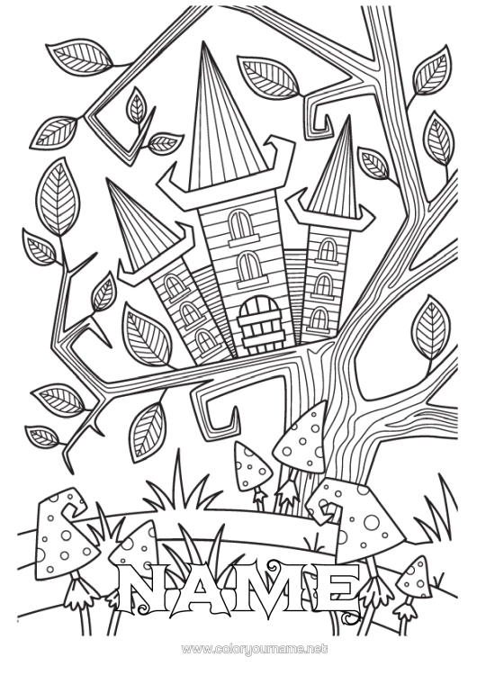 Colouring page to print Castle Mushroom Complex Colouring Pages Zentangle Haunted Manor Haunted Tree