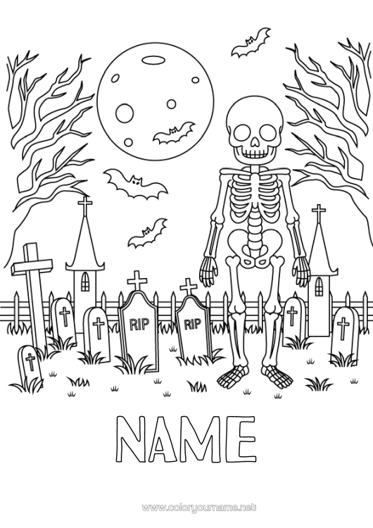 Colouring page to print Bat Cemetery Skeleton Halloween Moon Birds And Flying Mammals