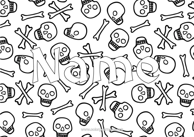 Colouring page to print Skeleton Halloween Pirate Skull Decorated Name Decorative Background