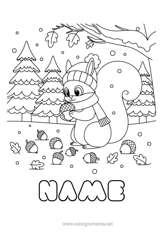 Colouring page to print Snow Squirrel Animal Forest Animals Gland Forest Winter Hat