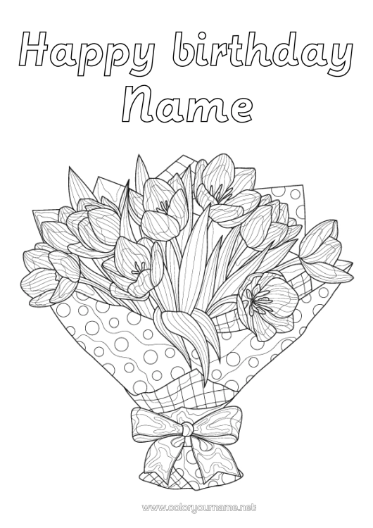 Colouring page to print Flowers Birthday Happy Birthday Message Bunch