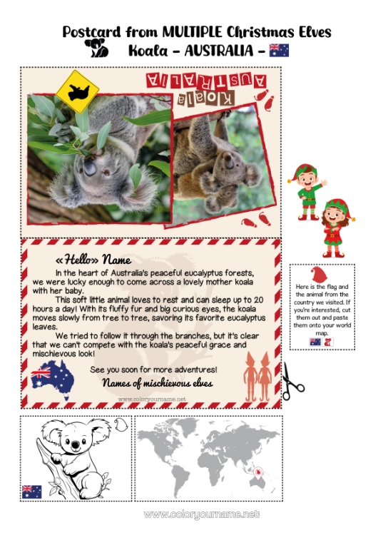 Colouring page to print Animal Koala Australia Other Animals Of The World Mischievous Elf's Journey Postcard Postcard Of Multiple Elves Several Mischievous Elves. Animals Of Australia