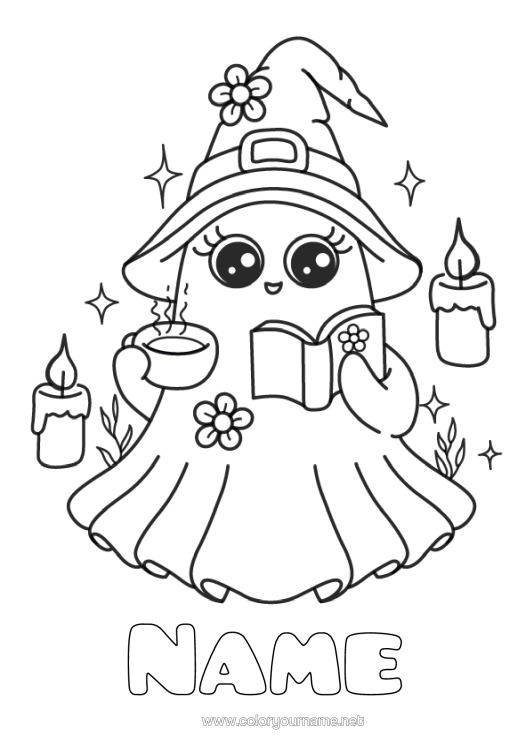 Colouring page to print Ghost Cute Hat Café Drink Book Reading Wizard's Hat