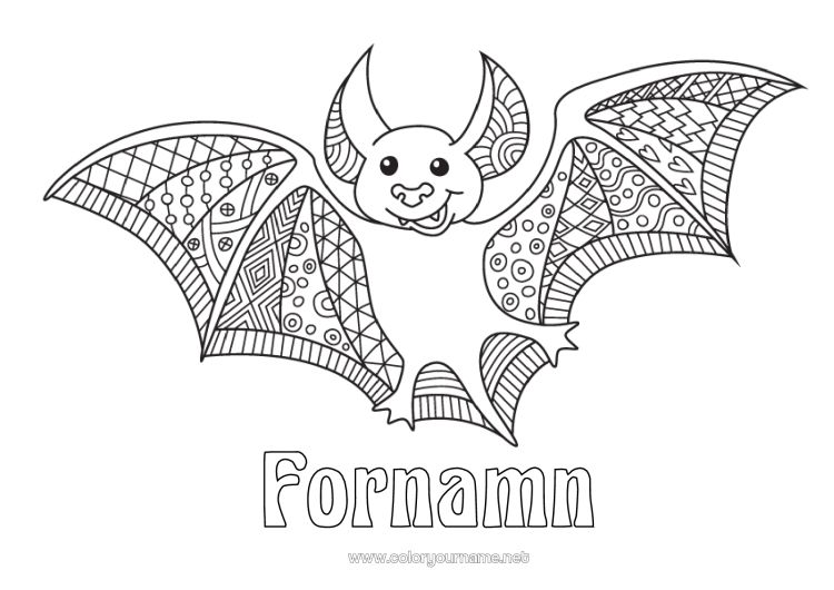 Färgläggningssida att skriva ut Fladdermus Halloween Djur Zentangle Fåglar och flygande däggdjur