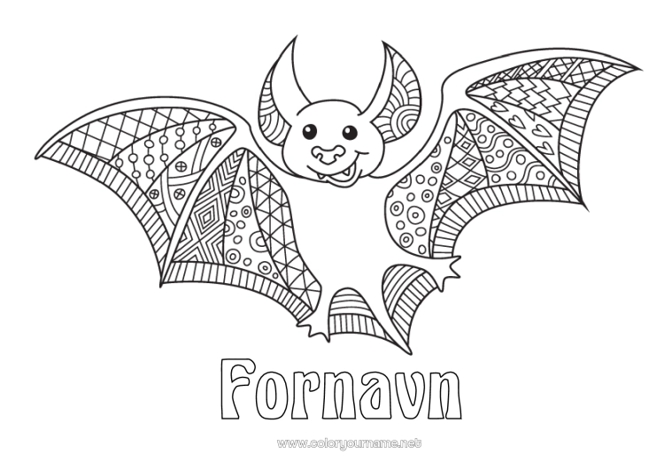 Fargeleggingssiden til utskrift Flaggermus Halloween Dyr Zentangle Fugler og flygende pattedyr