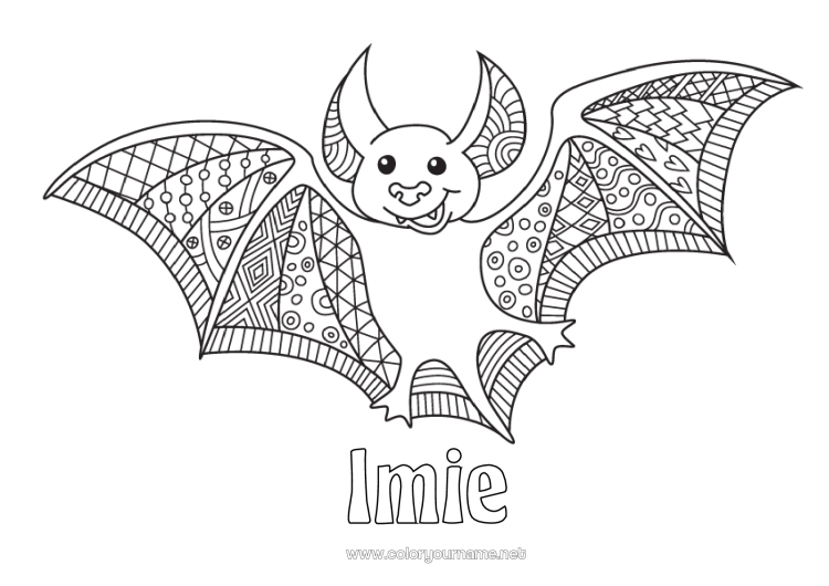 Kolorowanka do wydruku Nietoperz Halloween Zwierzę Zentangle Ptaki i latające ssaki