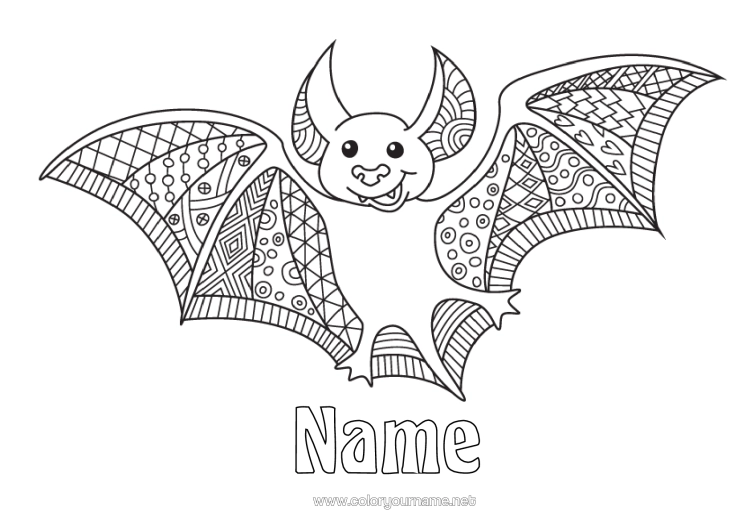 Colouring page to print Bat Halloween Animal Zentangle Birds And Flying Mammals