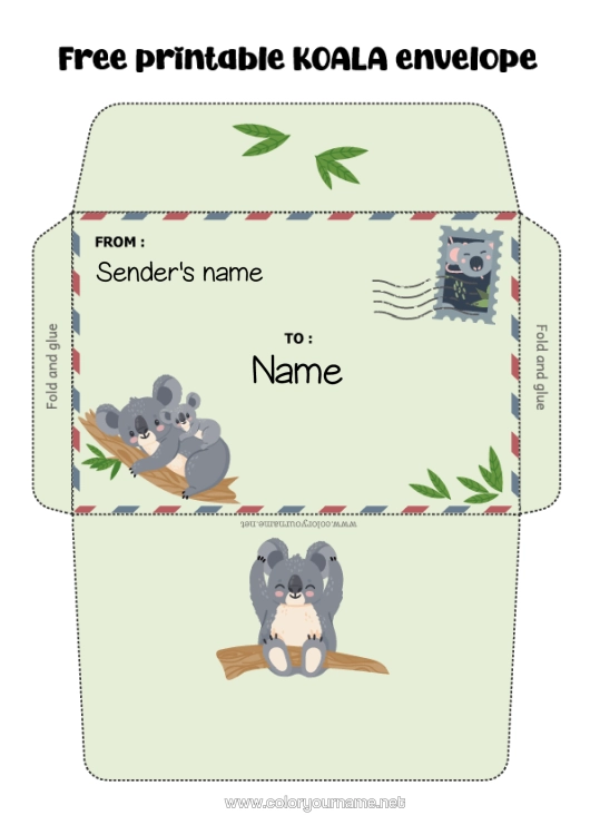 Colouring page to print Animal Koala Envelope Country Australia Other Animals Of The World Print Envelope Mischievous Elf's Journey Envelope For The Christmas Trickster Elf's Mail Animals Of Australia