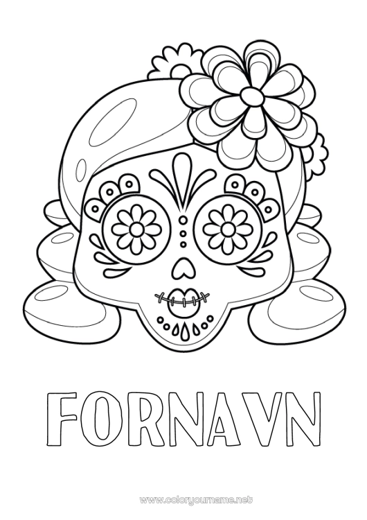 Fargeleggingssiden til utskrift Kranium De dødes dag Catrina Calaveras, hodeskaller