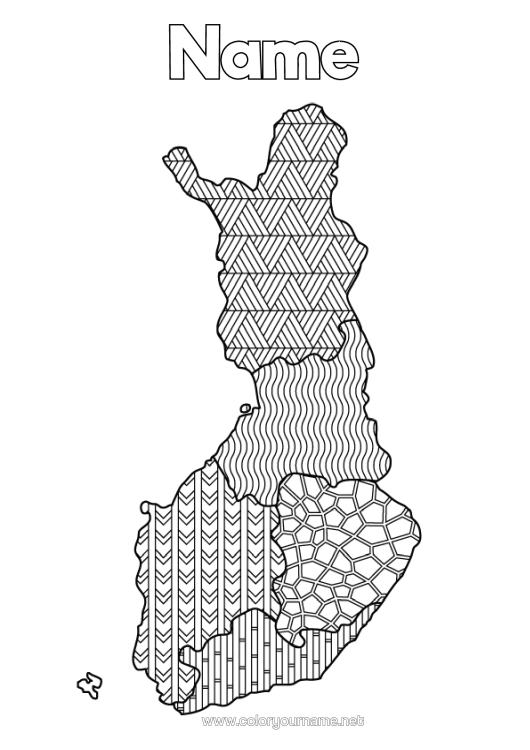 Colouring page to print Geography Zentangle Map Of Countries Finland
