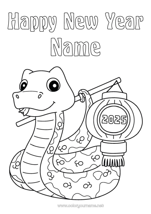 Colouring page to print Happy New Year Chinese New Year Chinese Lantern Snake Reptiles 2025
