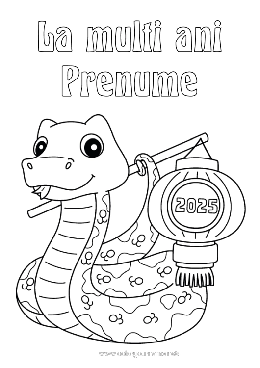 Pagină de colorat de imprimat La mulți ani! Anul Nou Chinezesc Lanterna chineză Șarpe Reptile 2025