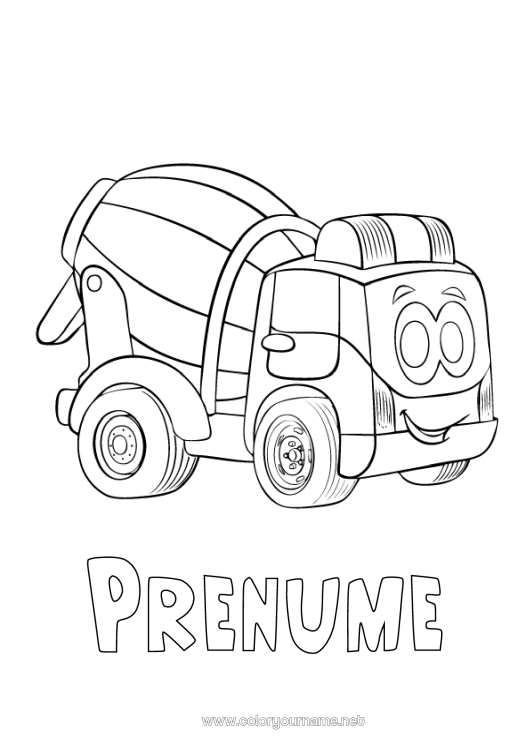 Pagină de colorat de imprimat Vehicule Utilaje de construcție Camion cu mixer Meserii de șantier Vehicule personaje