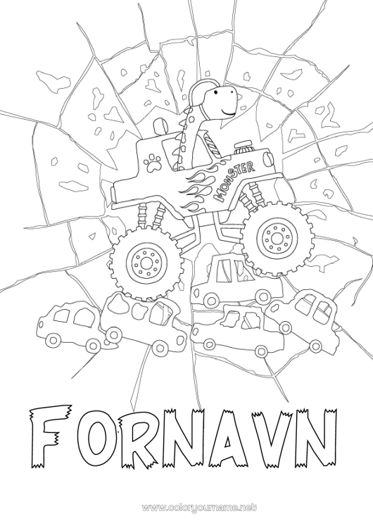 Farvelægningssiden til udskrivning Dinosaurer Køretøjer Bil Biler, varevogne og campingvogne Racerkøretøjer og baner Andre køretøjer Monstertruck