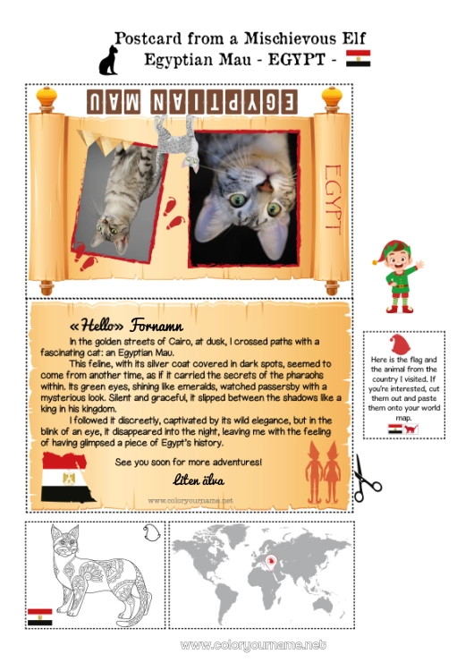 Färgläggningssida att skriva ut Katt Djur Egypten Hundar och katter Julälvens resa Postkort Postkort från en ENDA tomte