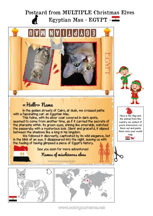 Colouring page to print Cat Animal Egypt Dogs And Cats Mischievous Elf's Journey Postcard Postcard Of Multiple Elves Several Mischievous Elves.