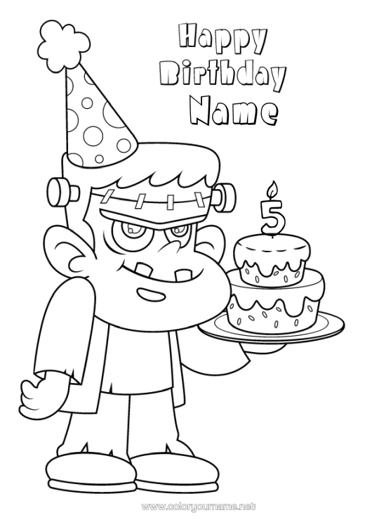 Colouring page to print Monster Cake Halloween Birthday Hat Happy Birthday Message Customisable Age Celebrated Frankenstein
