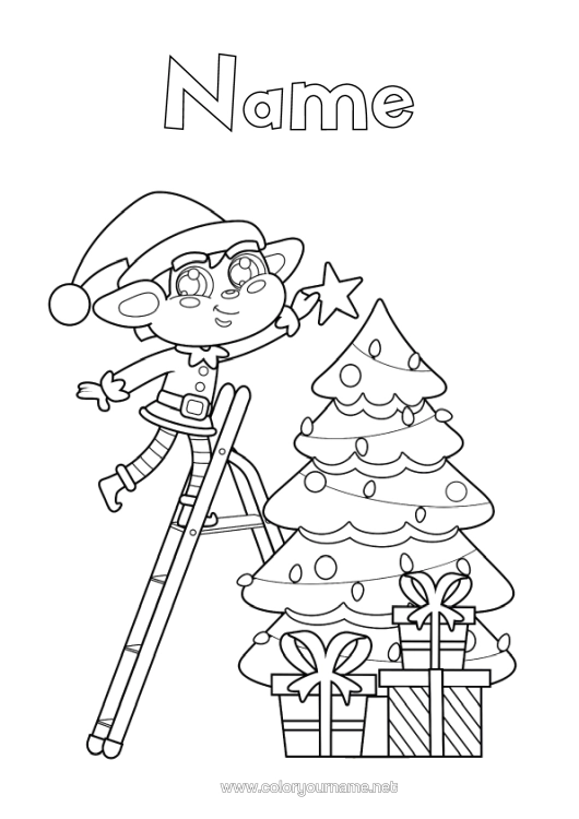 Colouring page to print Christmas Elves Elf Colouring Pages Fir Tree