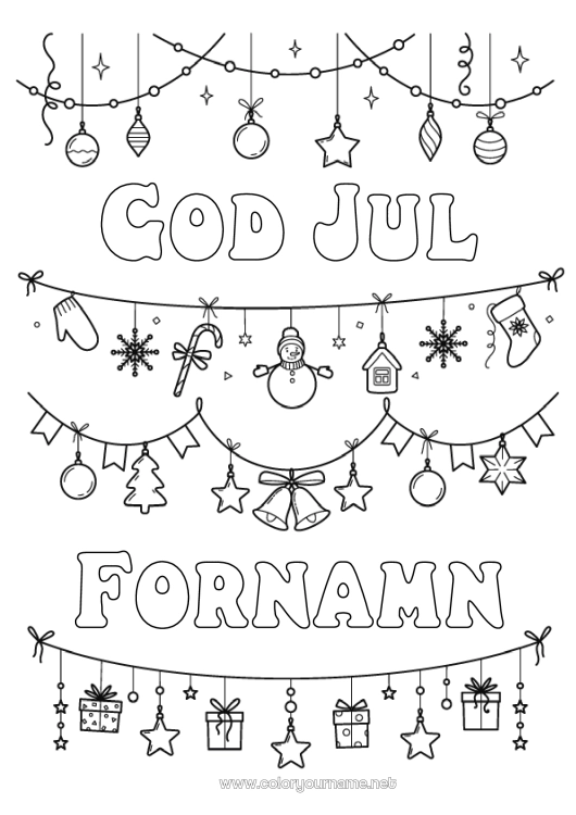 Färgläggningssida att skriva ut Snögubbe Jul Juldekorationer Julgirland God Jul!