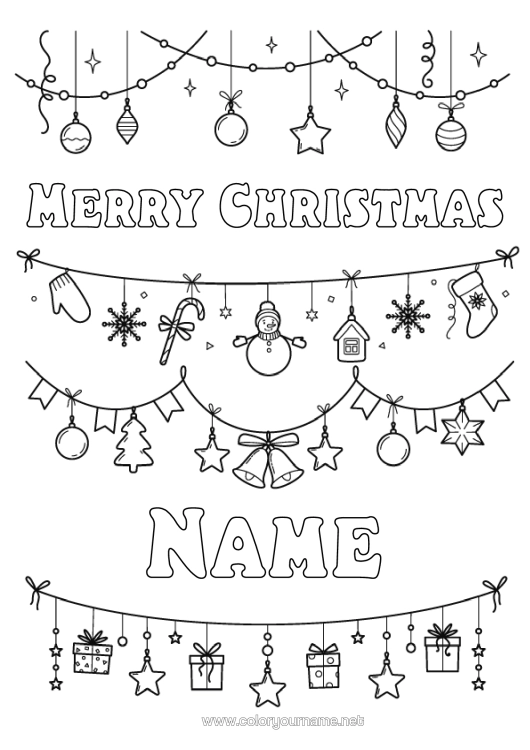 Colouring page to print Snowman Christmas Christmas Decorations Christmas Garland "Merry Christmas" Message