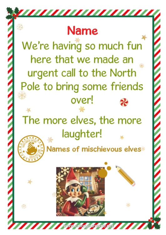 Colouring page to print Christmas Elves Christmas Elf's Mission Letters From Mischievous Elves Letter From The Elf Additional Mischievous Elf Mischief Of The Trickster Goblin